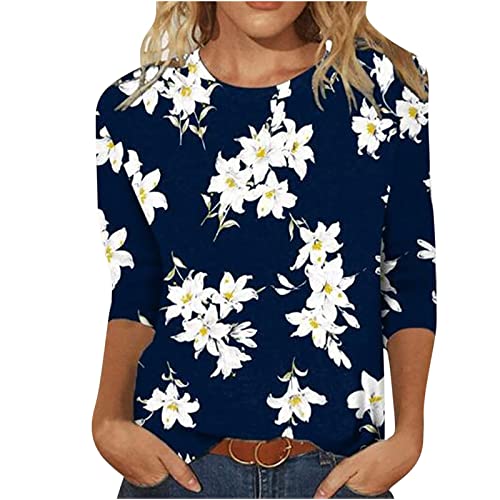 Womens 3/4 Sleeve Ethnic Floral Blouse Slim Fit Crewneck Pullover Tees J346