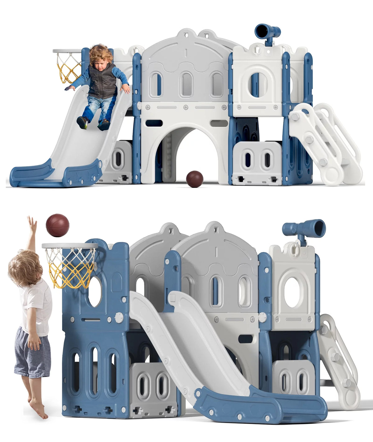 8 in 1 Toddler Slide with Climber, Basketball Hoop, Tunnel and Storage Space Z8013