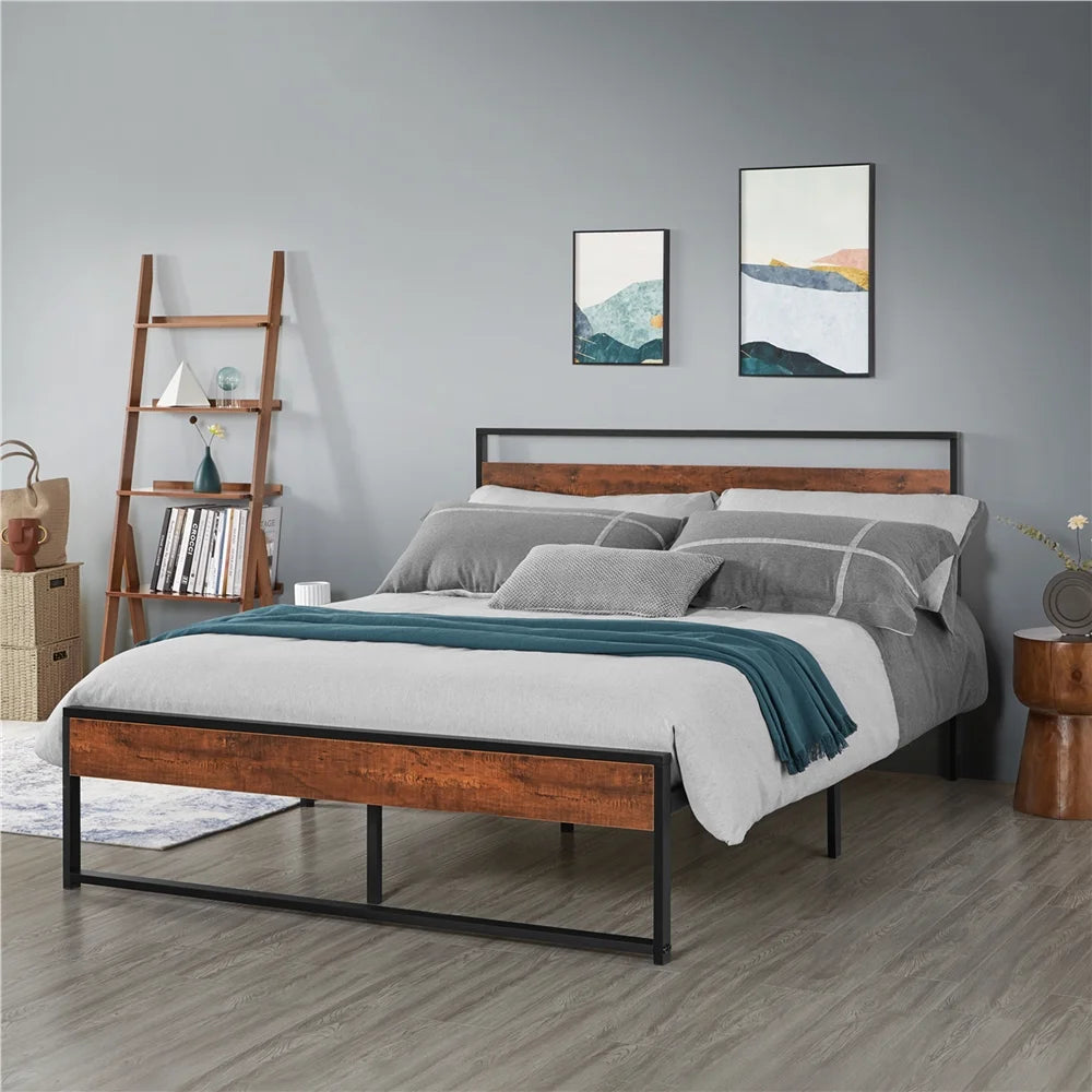 Queen Size Mahogany Metal Platform Bed with Wooden Headboard and Footboard M40770