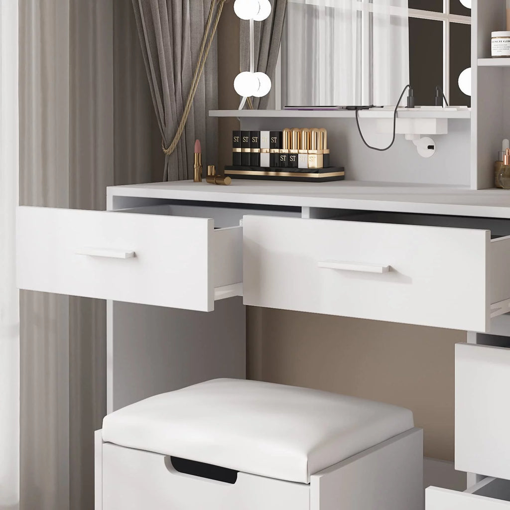 Modern Vanity Table Set with Lighted Mirror, 5 Drawer White G670173