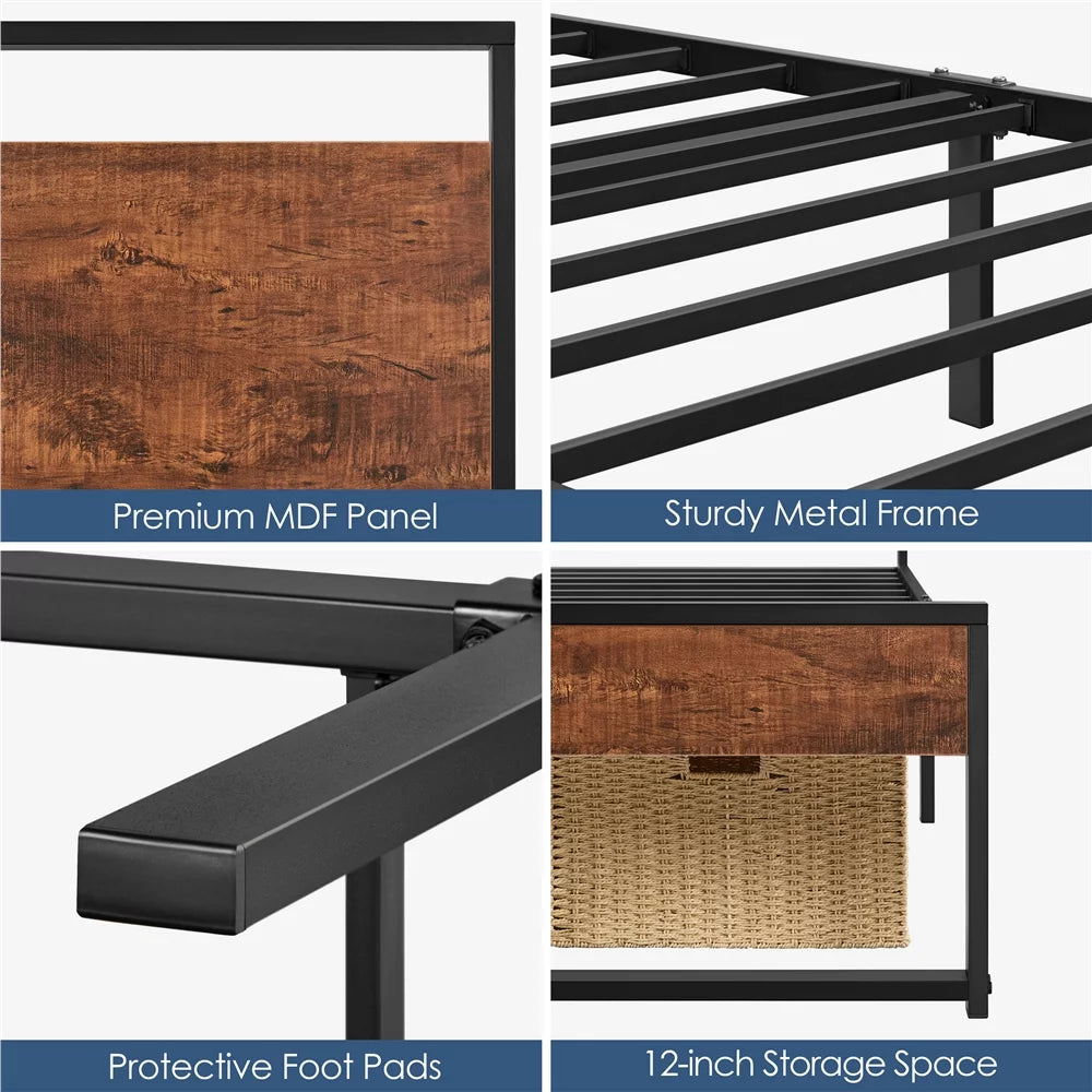 Queen Size Mahogany Metal Platform Bed with Wooden Headboard and Footboard M40770
