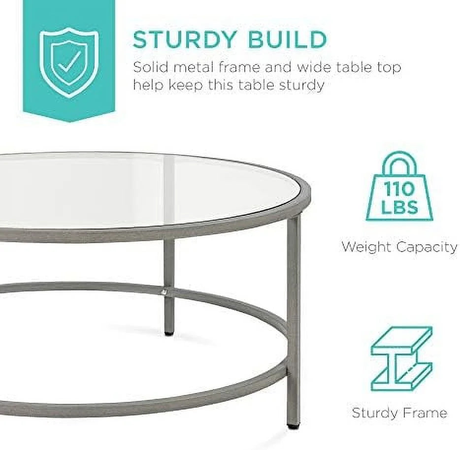 36in Round Tempered Glass Coffee Table with Metal Frame B496