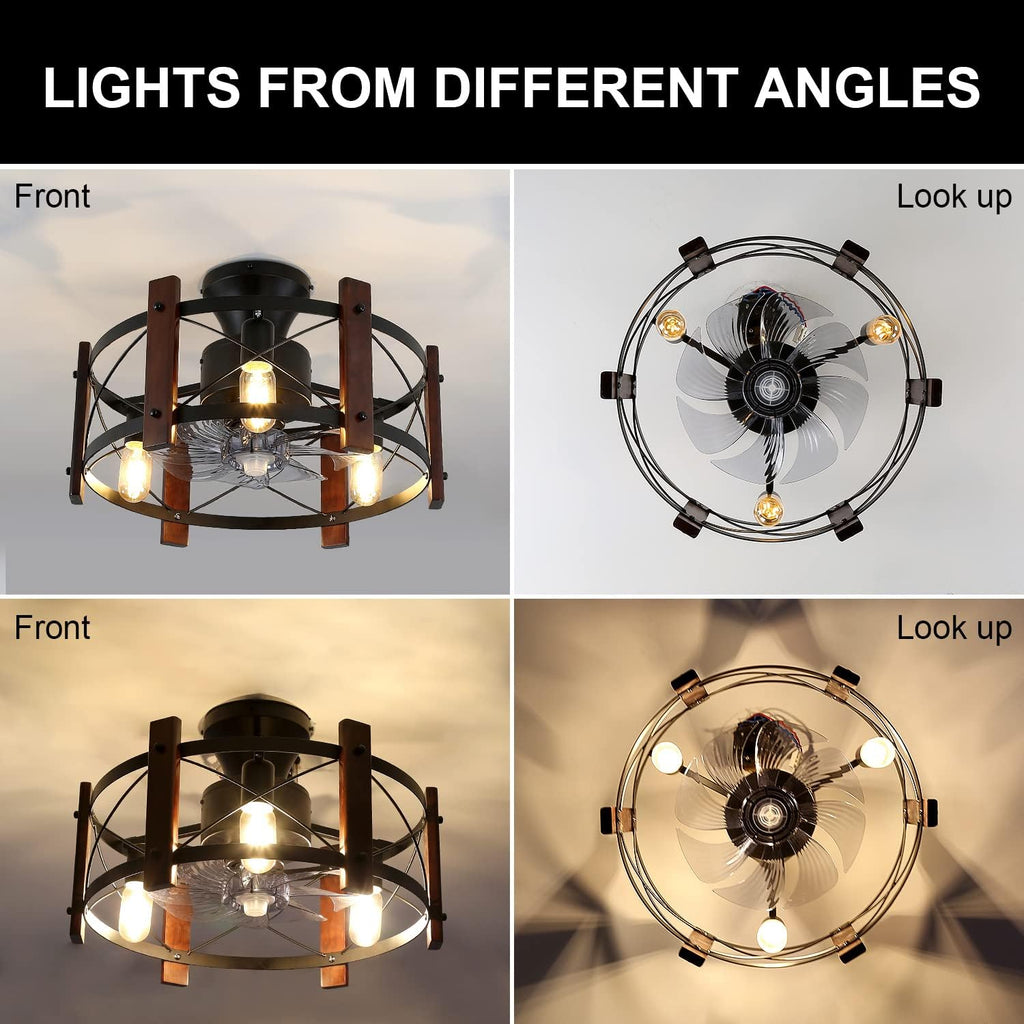 Industrial Ceiling Fan with Light Remote Control Metal Caged Wood Black Enclosed R48972