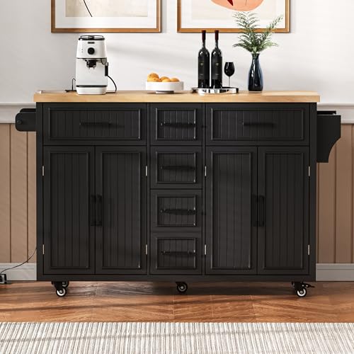 56.5" Rolling Kitchen Island with Drop Leaf, Power Outlet, 4 Doors, 5 Drawers, Black E357979