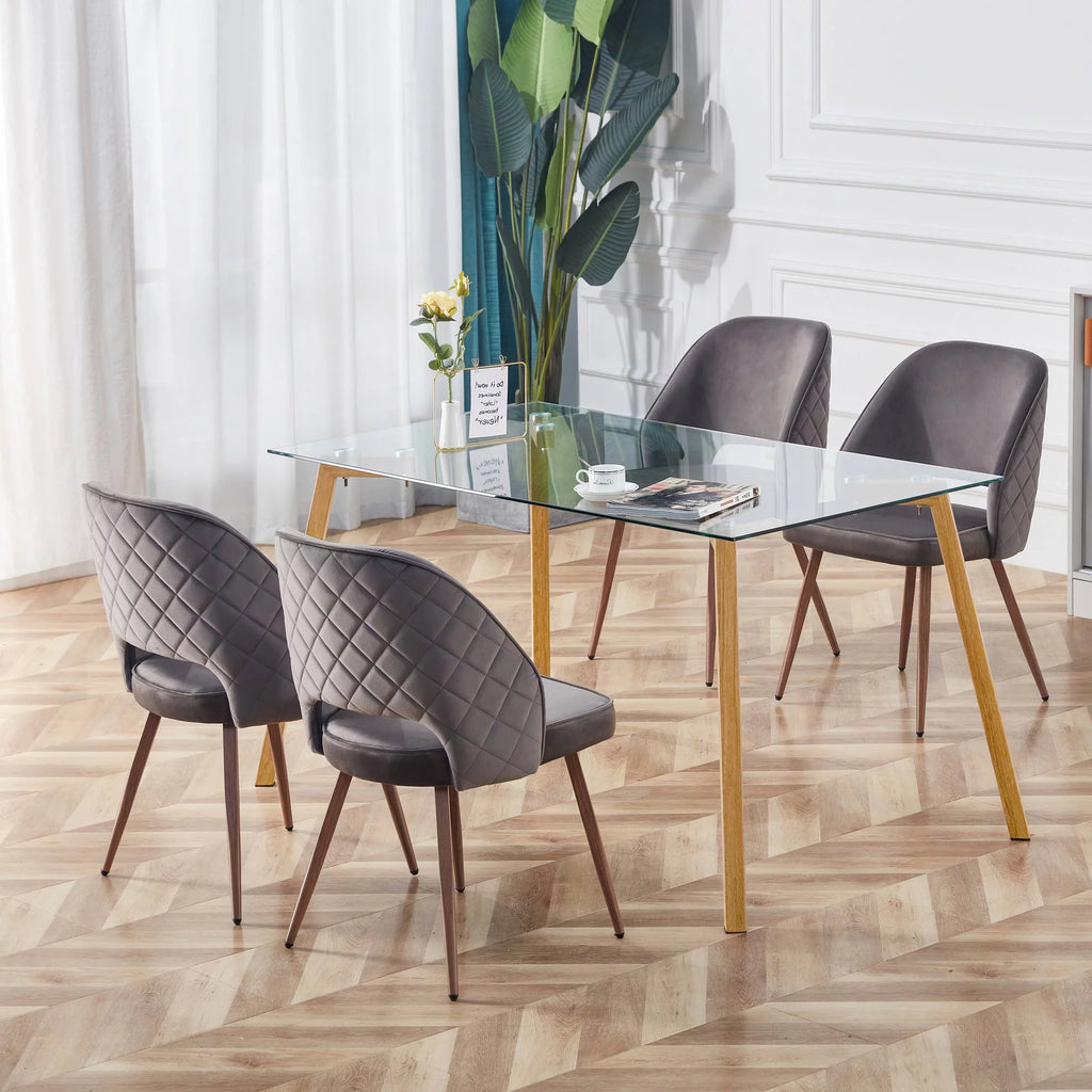 Glass Dining Table Modern Rectangular with Tempered Glass Tabletop and Black Metal Legs F32358