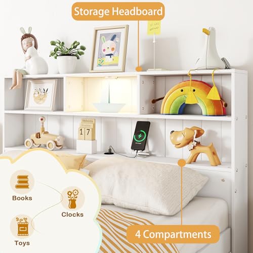 White Twin Size Platform Bed with Bookcase Headboard and 2 Storage Drawers M90206