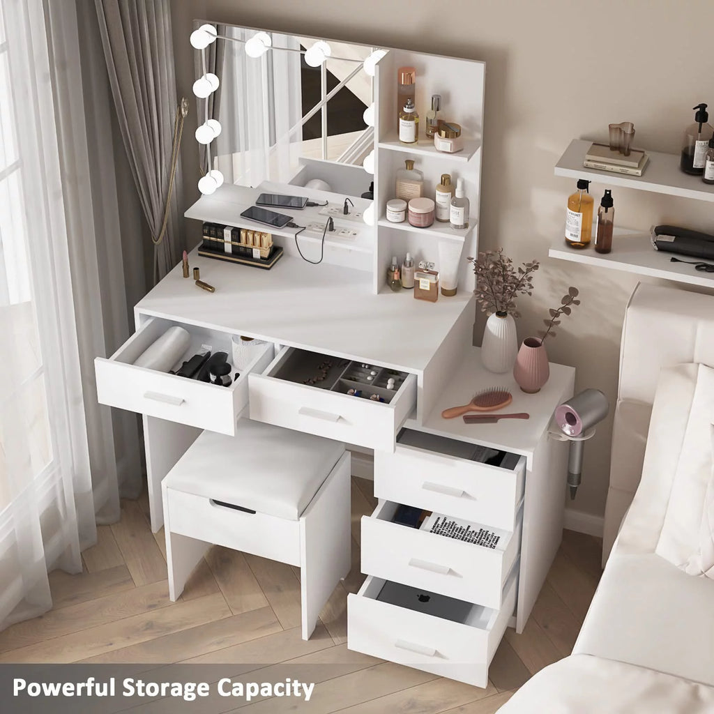 Modern Vanity Table Set with Lighted Mirror, 5 Drawer White G670173