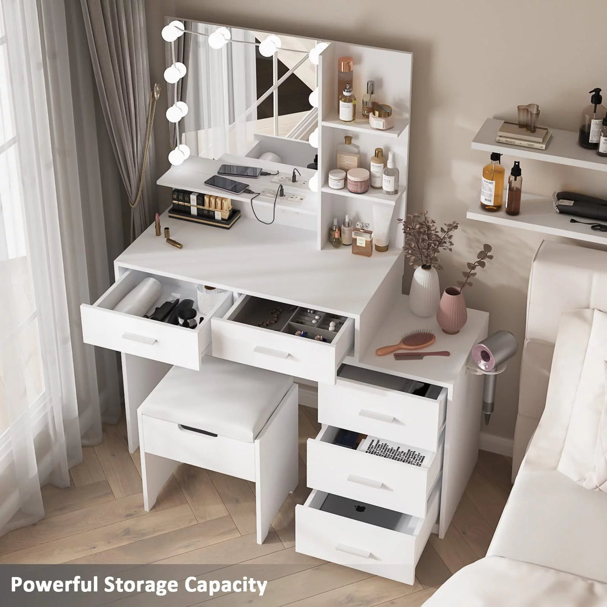 Modern Vanity Table Set with Lighted Mirror, 5 Drawer White G670173
