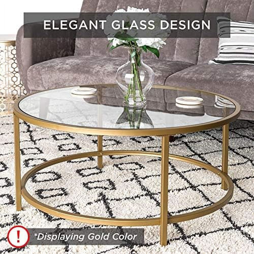 36in Round Tempered Glass Coffee Table with Metal Frame B496