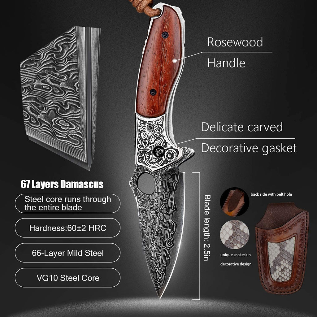 2.5in VG10 Damascus Steel Folding Pocket Knife with Rosewood Handle O3232