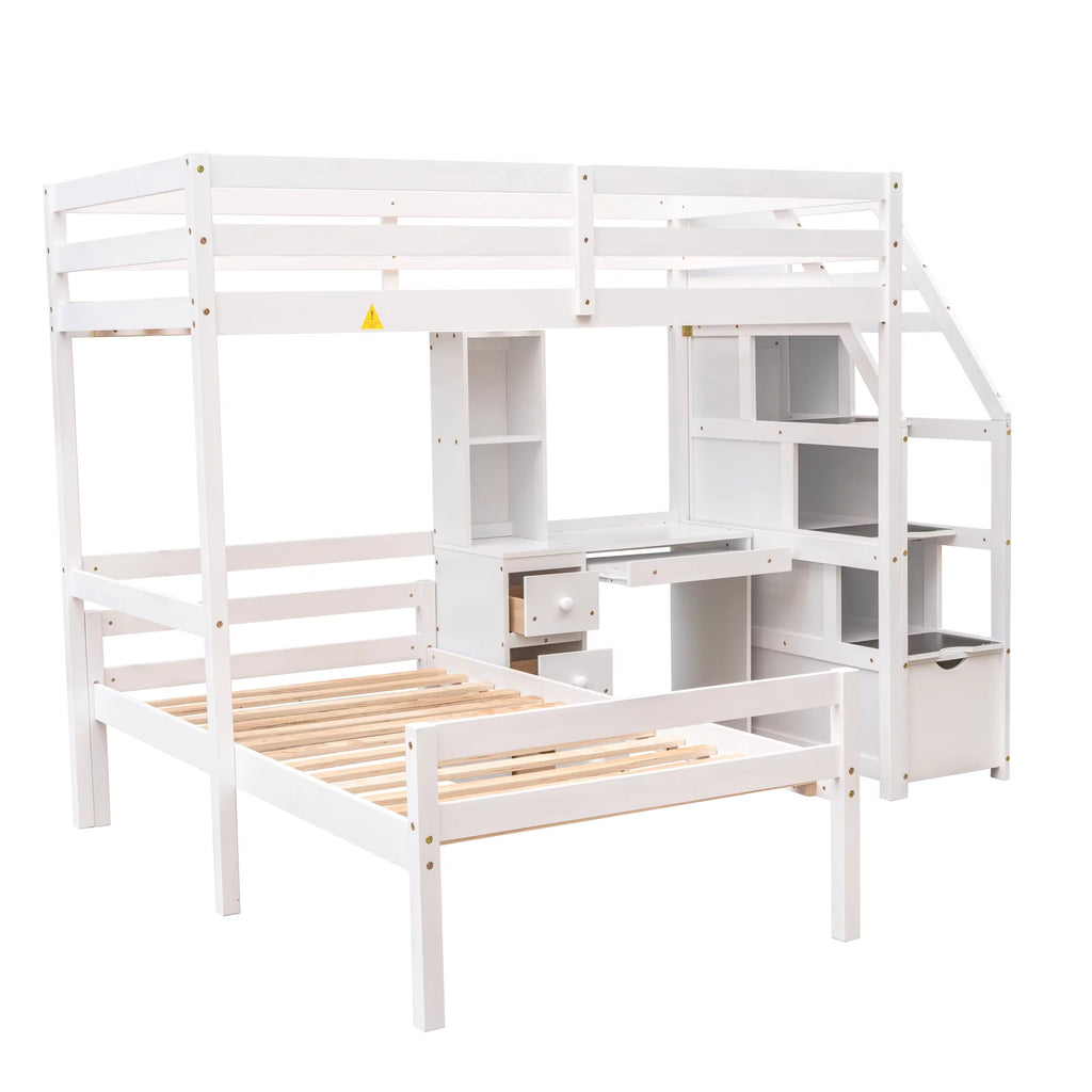 Wood Twin Bunk Loft Bed with Desk, Drawers and Shelf, White S86712
