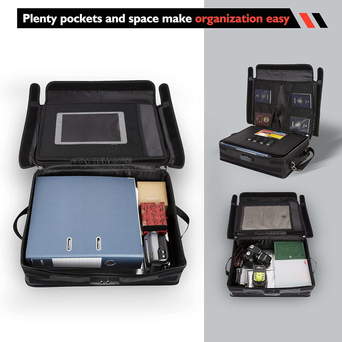 Fireproof Document Organizer Bag with Lock, 3-Layer File Storage Box, Waterproof File Holder, 17.5 x 13 x 5” M7539