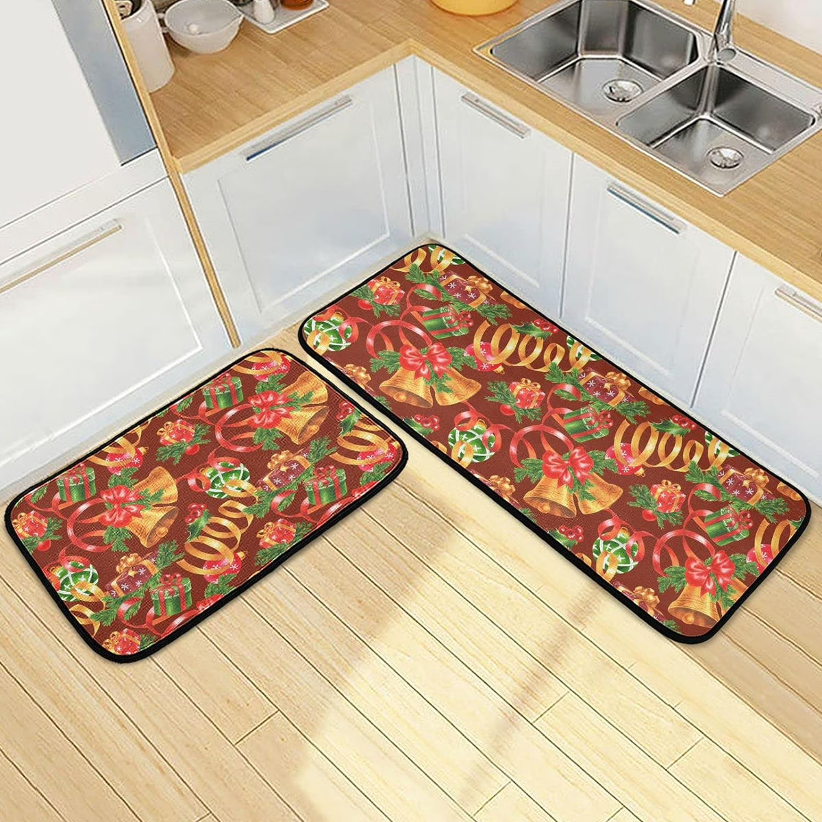 Christmas Jingling Bells Kitchen Mats Set of 2 Anti Fatigue Non Slip Floor Runner Rug 19.7x27.6 Inch + 19.7x47.2 Inch I790