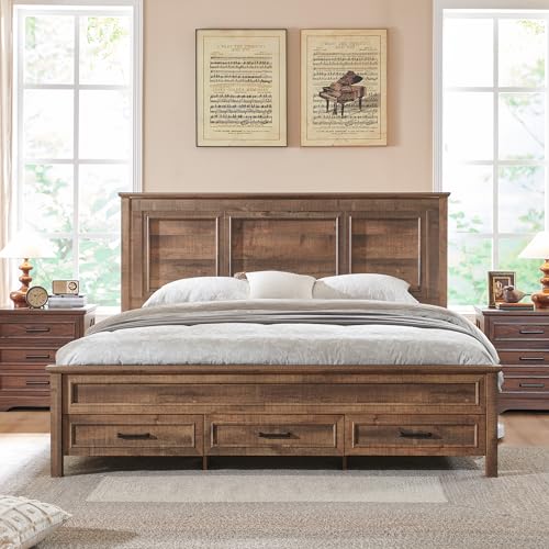 Antique Brown King Size Wood Platform Bed Frame with Headboard and Storage Drawers C81149