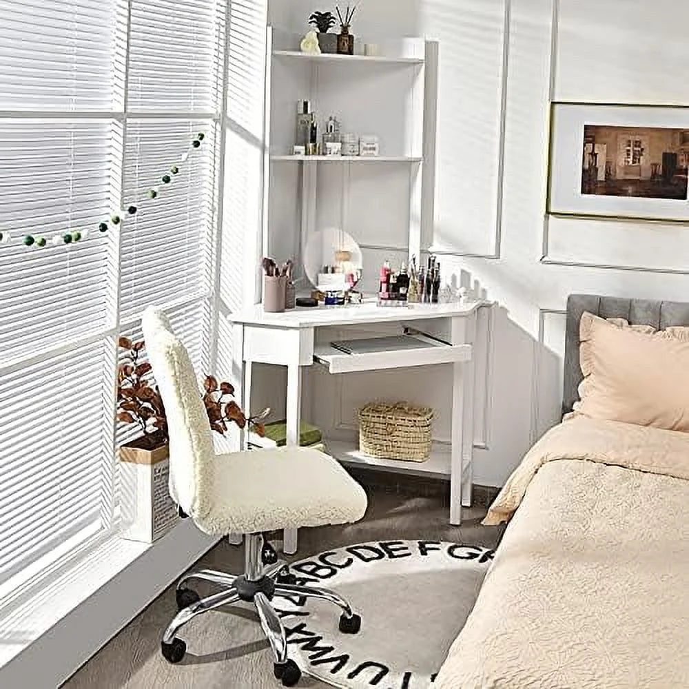 White Corner Computer Desk with Hutch and Shelves R126