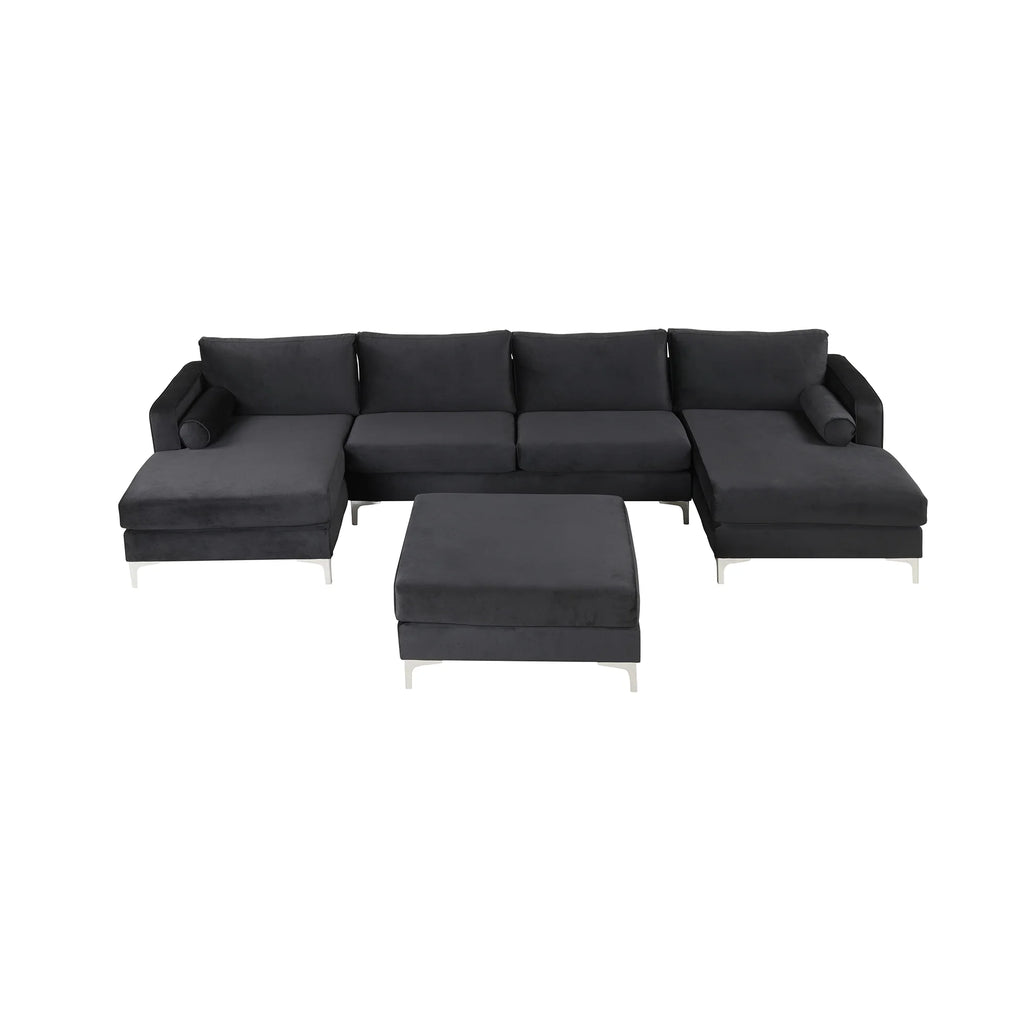 Black Velvet U-Shape Sectional Sofa with Ottoman D255