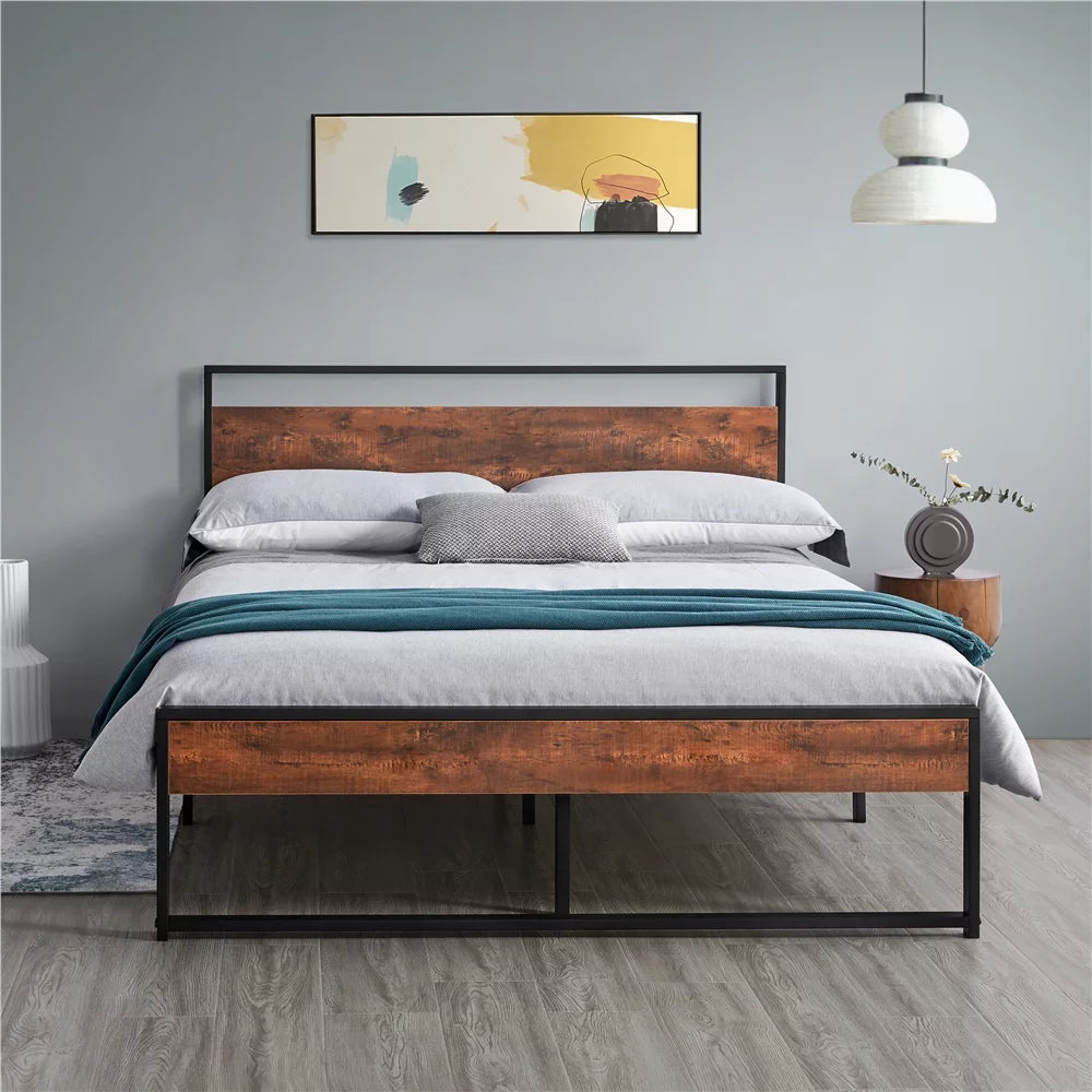 Queen Size Mahogany Metal Platform Bed with Wooden Headboard and Footboard M40770
