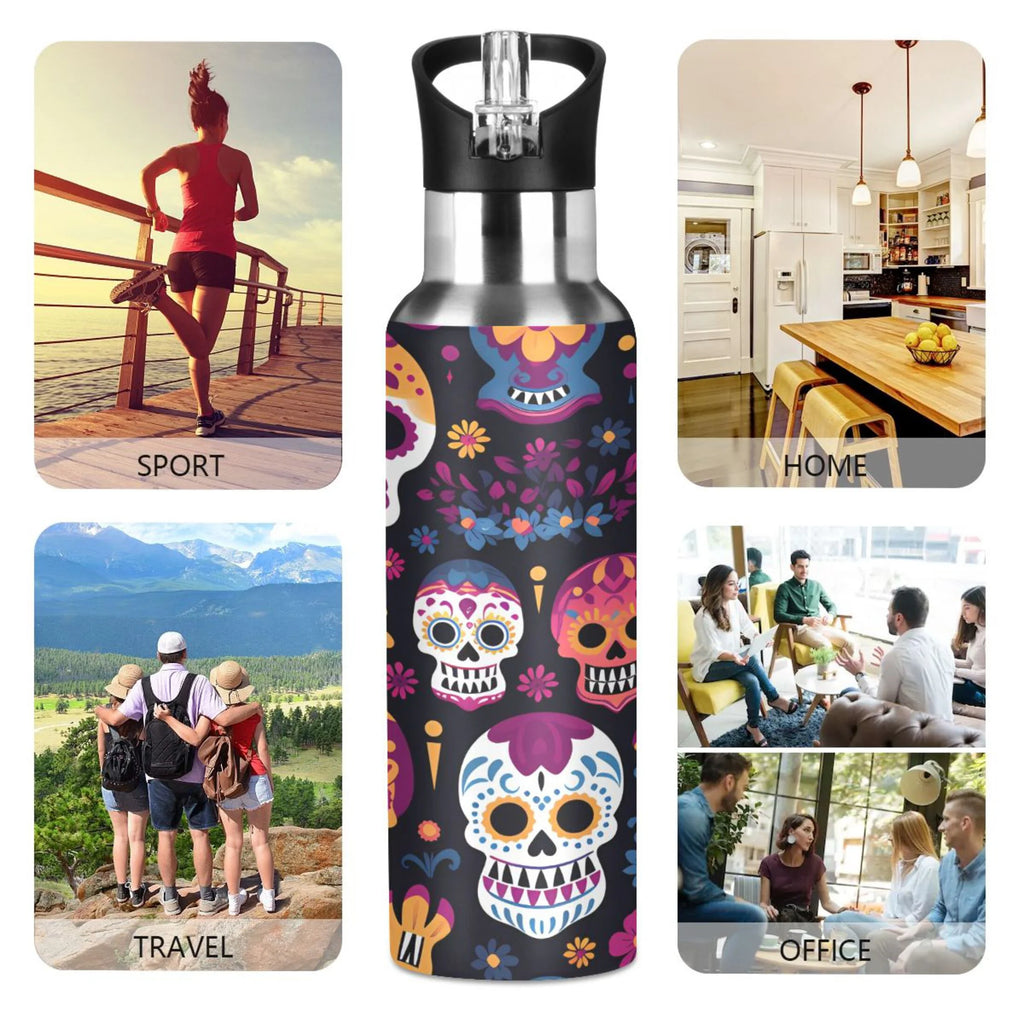 Colorful Skeletons Skulls Stainless Steel Insulated Water Bottle with Straw Lid D632057