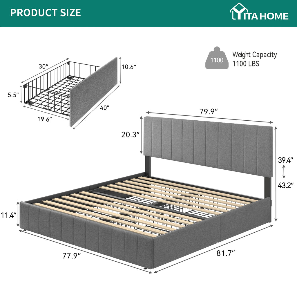 King Size Upholstered Bed Frame with 4 Storage Drawers R781
