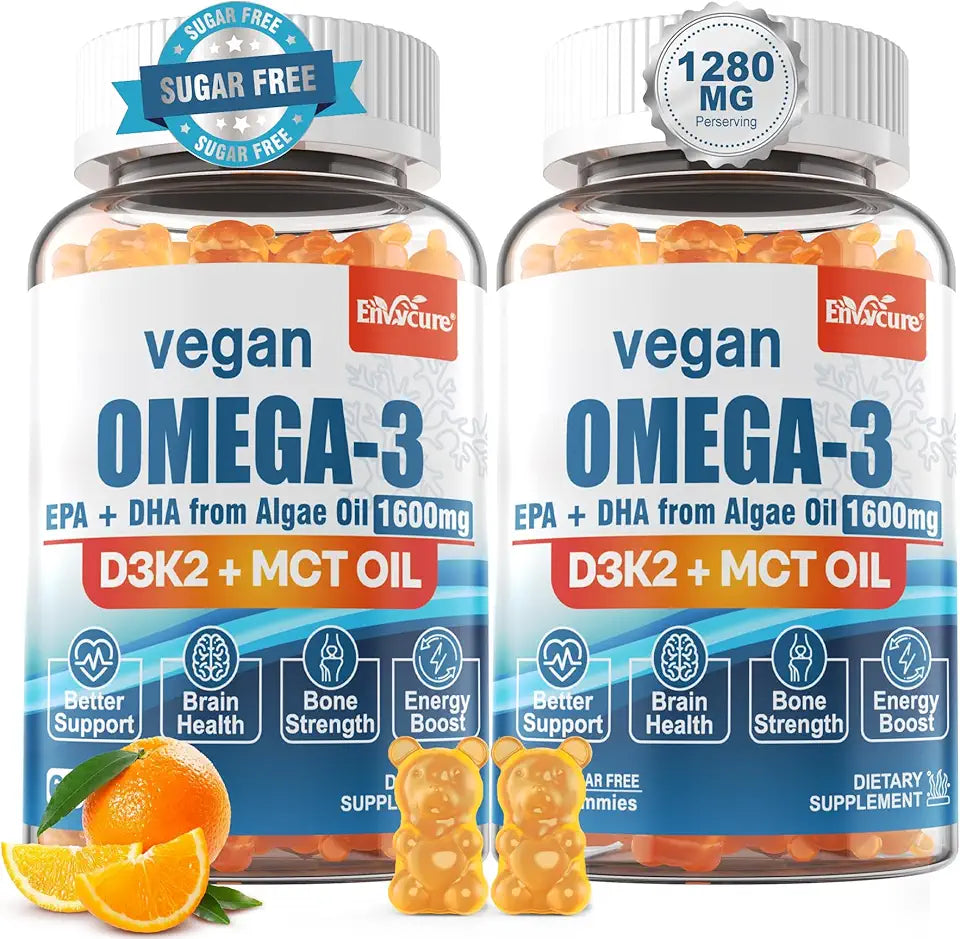 Vegan Omega 3 Gummies 1280mg + Vitamin D3 K2, Algae EPA & DHA, Sugar Free, 2 Pack K62270