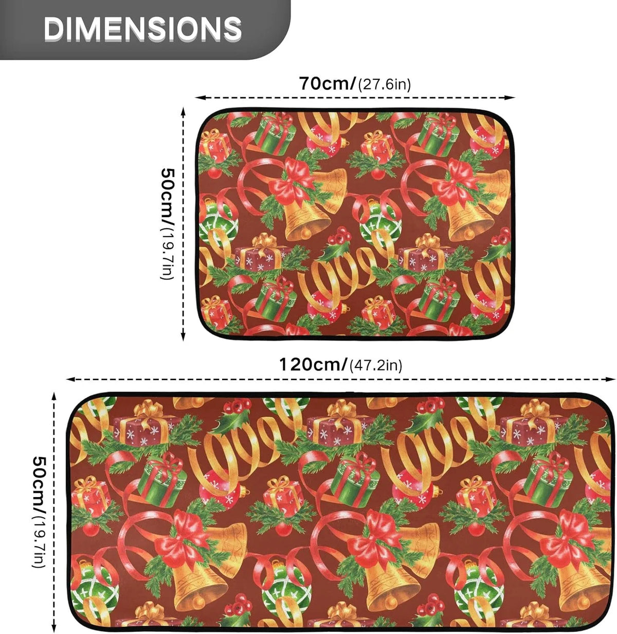 Christmas Jingling Bells Kitchen Mats Set of 2 Anti Fatigue Non Slip Floor Runner Rug 19.7x27.6 Inch + 19.7x47.2 Inch I790