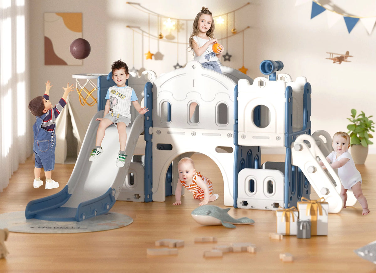 8 in 1 Toddler Slide with Climber, Basketball Hoop, Tunnel and Storage Space Z8013