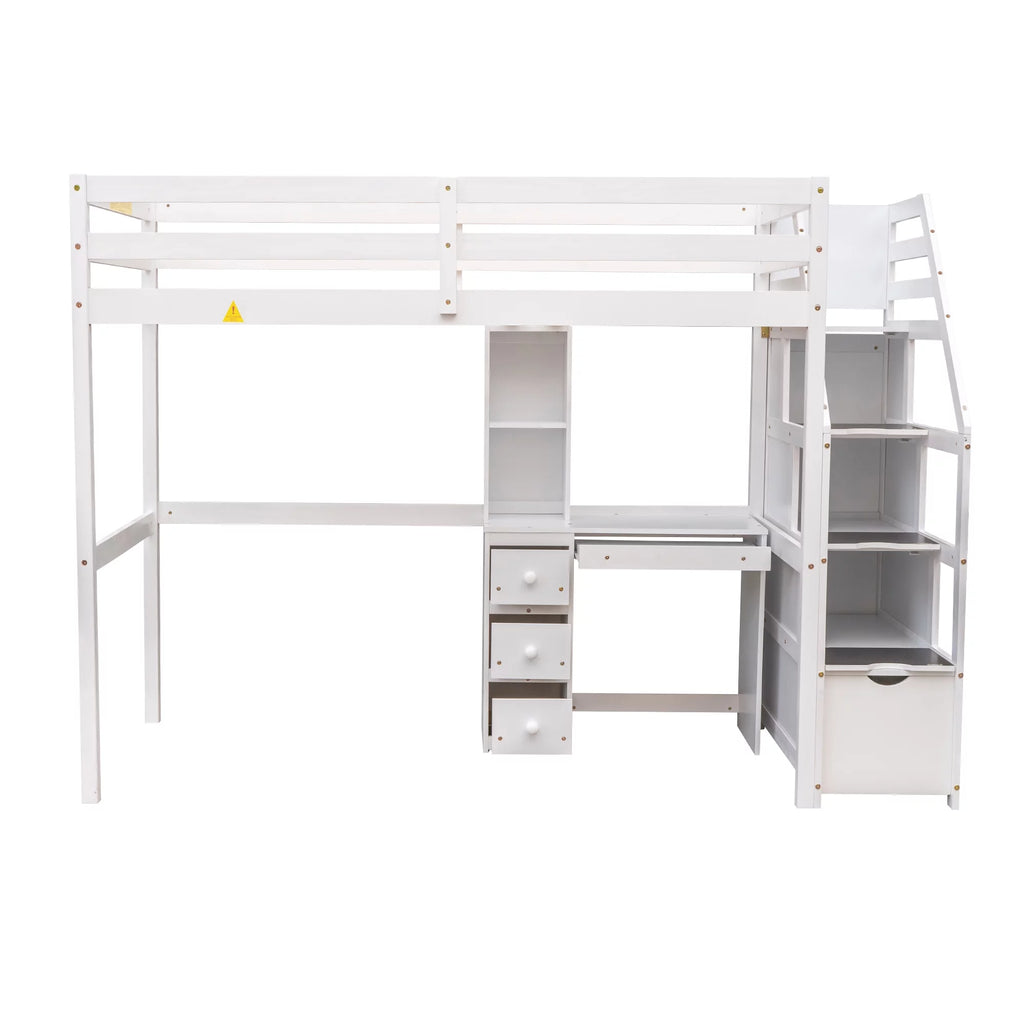 Wood Twin Bunk Loft Bed with Desk, Drawers and Shelf, White S86712