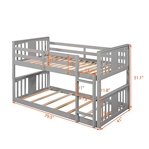 Gray Solid Wood Twin over Twin Bunk Bed with Ladder and Guard Rail V9137