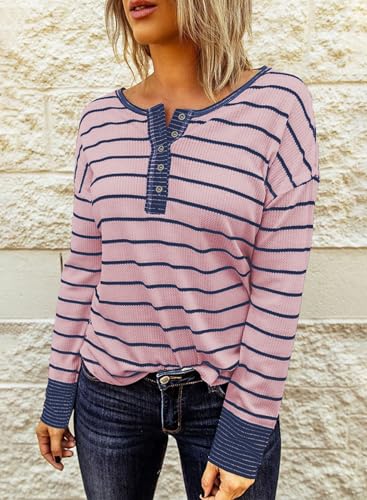 Long Sleeve Striped Button Up Tunic Shirts Loose Fit Henley Tee Blouses P697