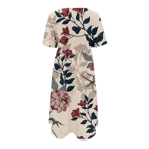 Women's Boho Floral Dress Summer Short Sleeve Flowy A Line Midi Dress Loose Casual with Pockets F296158