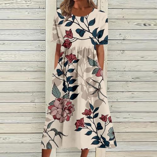 Women's Boho Floral Dress Summer Short Sleeve Flowy A Line Midi Dress Loose Casual with Pockets F296158