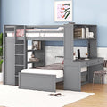 Twin Size Loft Bed with Built-in Desk & Wardrobes, Wood Bedframe with 4 Drawers & 4 Shelves, Gray F9468