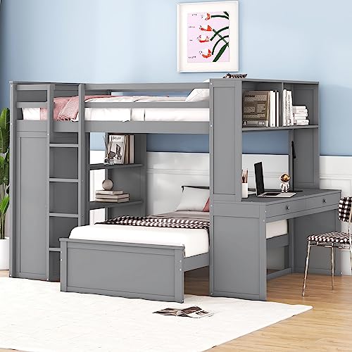 Twin Size Loft Bed with Built-in Desk & Wardrobes, Wood Bedframe with 4 Drawers & 4 Shelves, Gray F9468