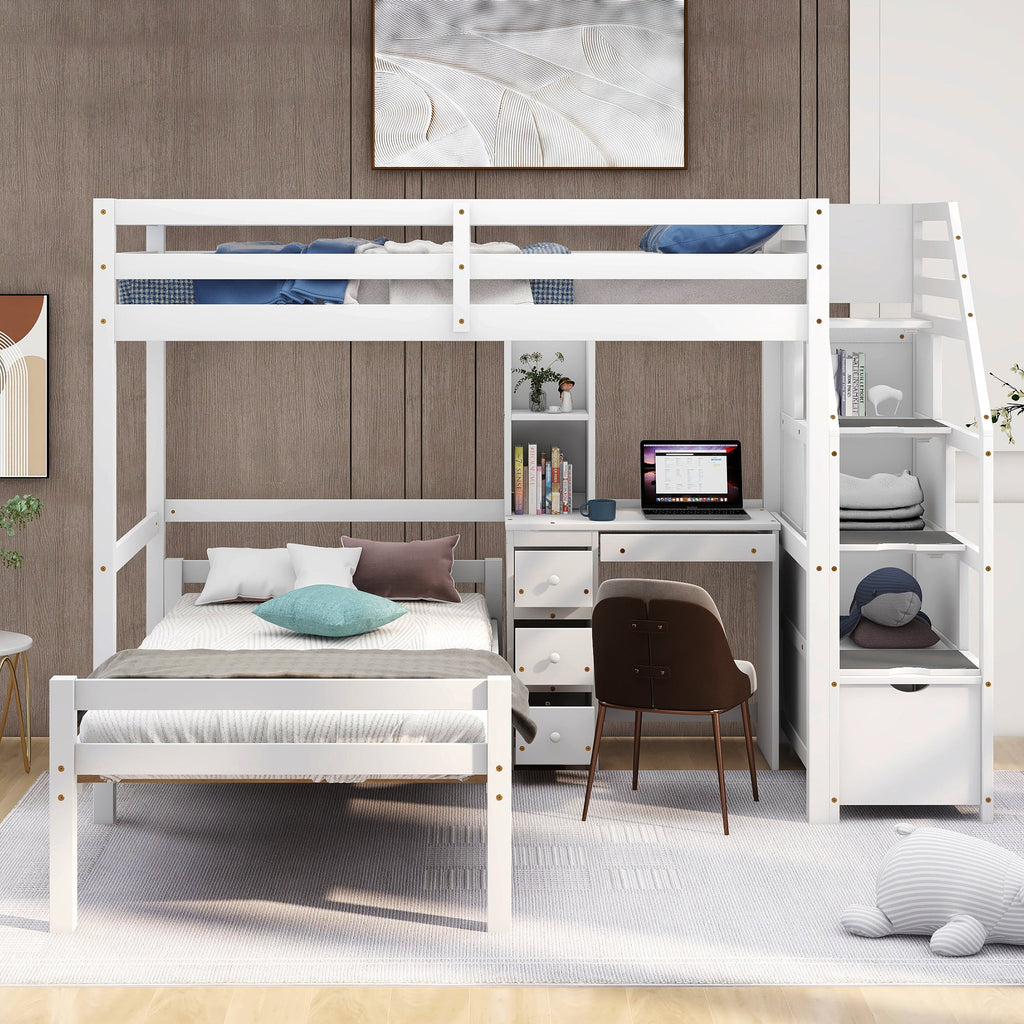 Wood Twin Bunk Loft Bed with Desk, Drawers and Shelf, White S86712