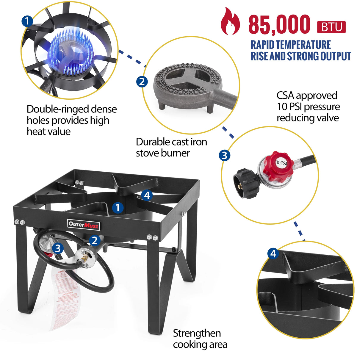Outdoor Propane Burner Stove with 10 PSI Regulator and Cast Iron Braided Holes K107769