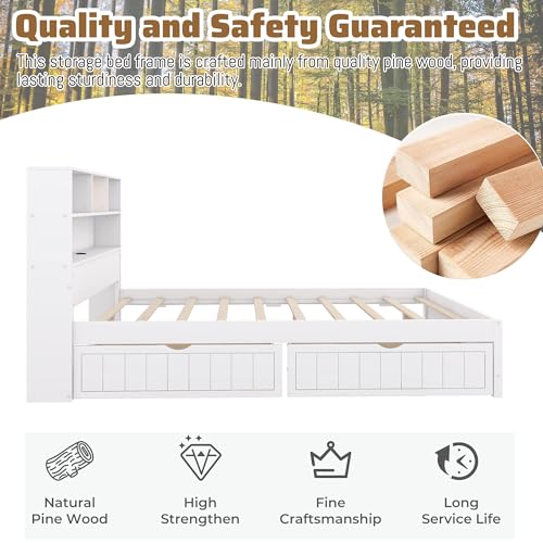 White Twin Size Platform Bed with Bookcase Headboard and 2 Storage Drawers M90206
