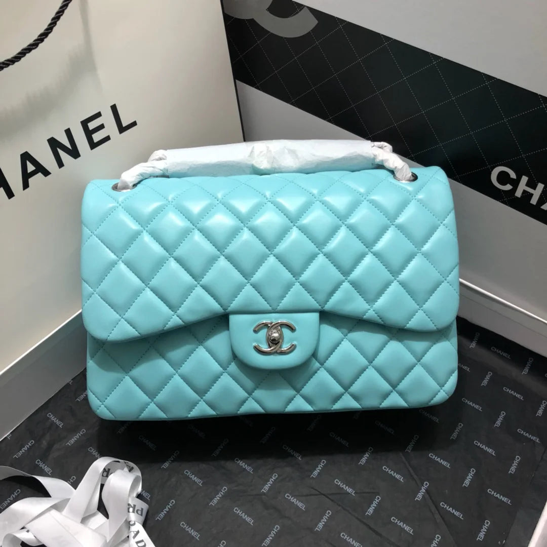 Large Classic Handbag Gold Hardware Blue 11.8in/30cm P628