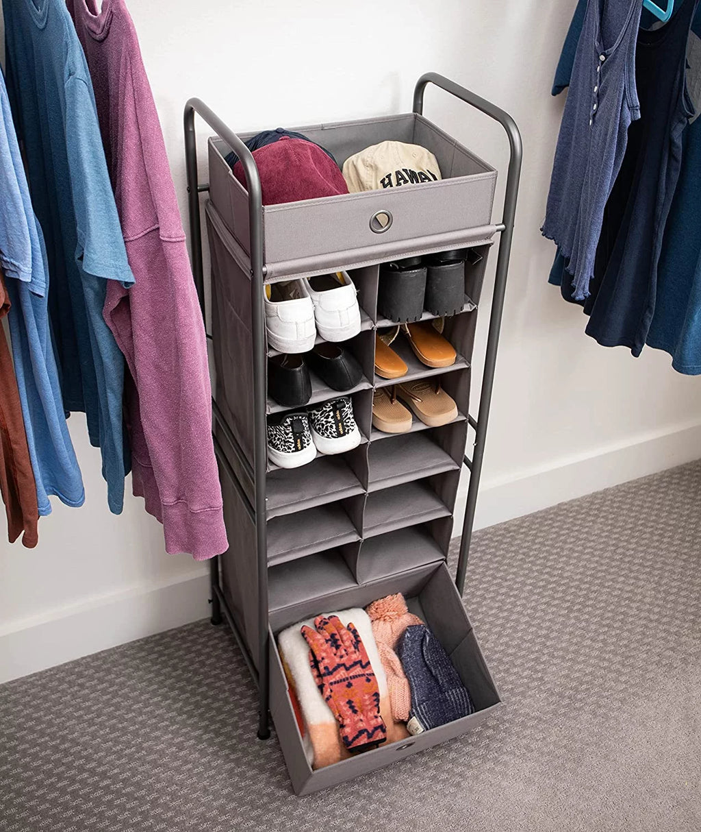 Grey 12 Cubby Vertical Shoe Rack Organizer with Drawer Z39055