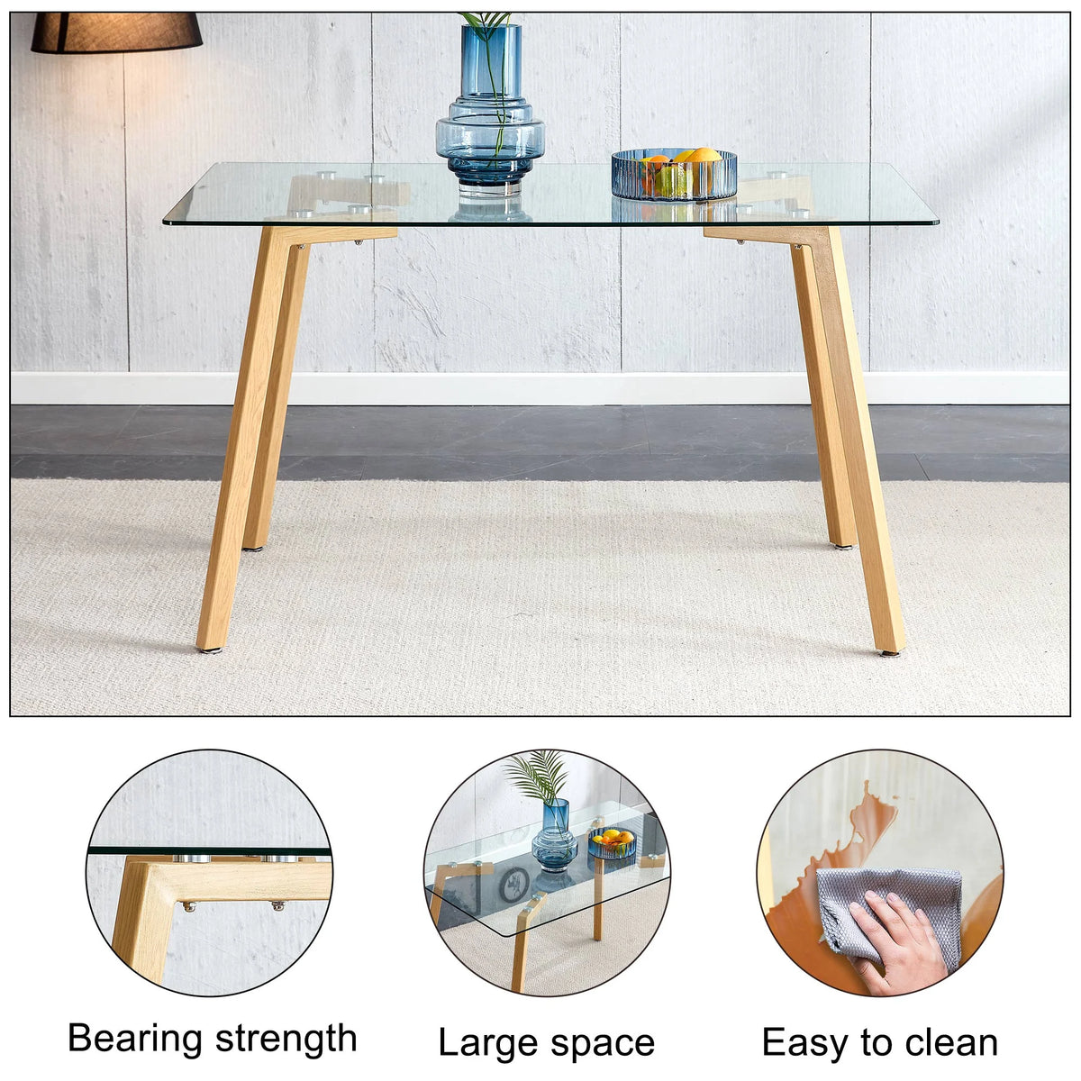 Glass Dining Table Modern Rectangular with Tempered Glass Tabletop and Black Metal Legs F32358