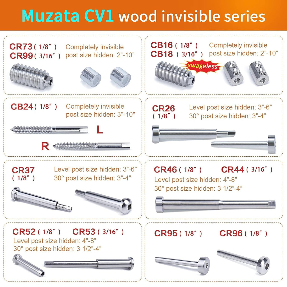 Invisible Cable Railing Kit 1/8" Swage Tensioner T316 Stainless Steel W297789