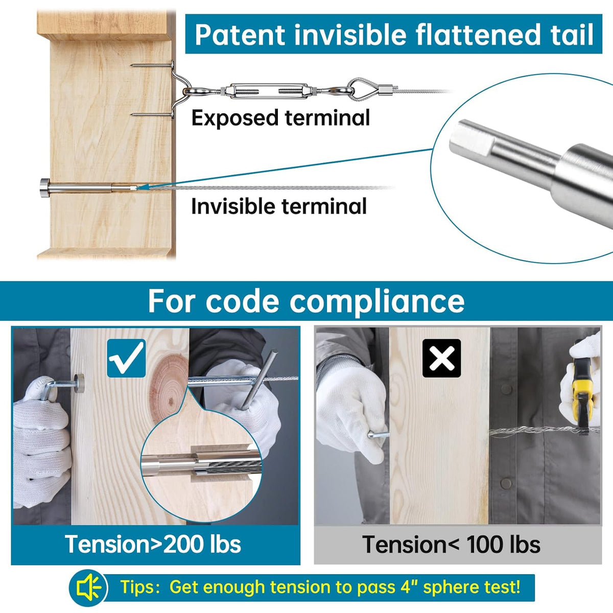 Invisible Cable Railing Kit 1/8" Swage Tensioner T316 Stainless Steel W297789