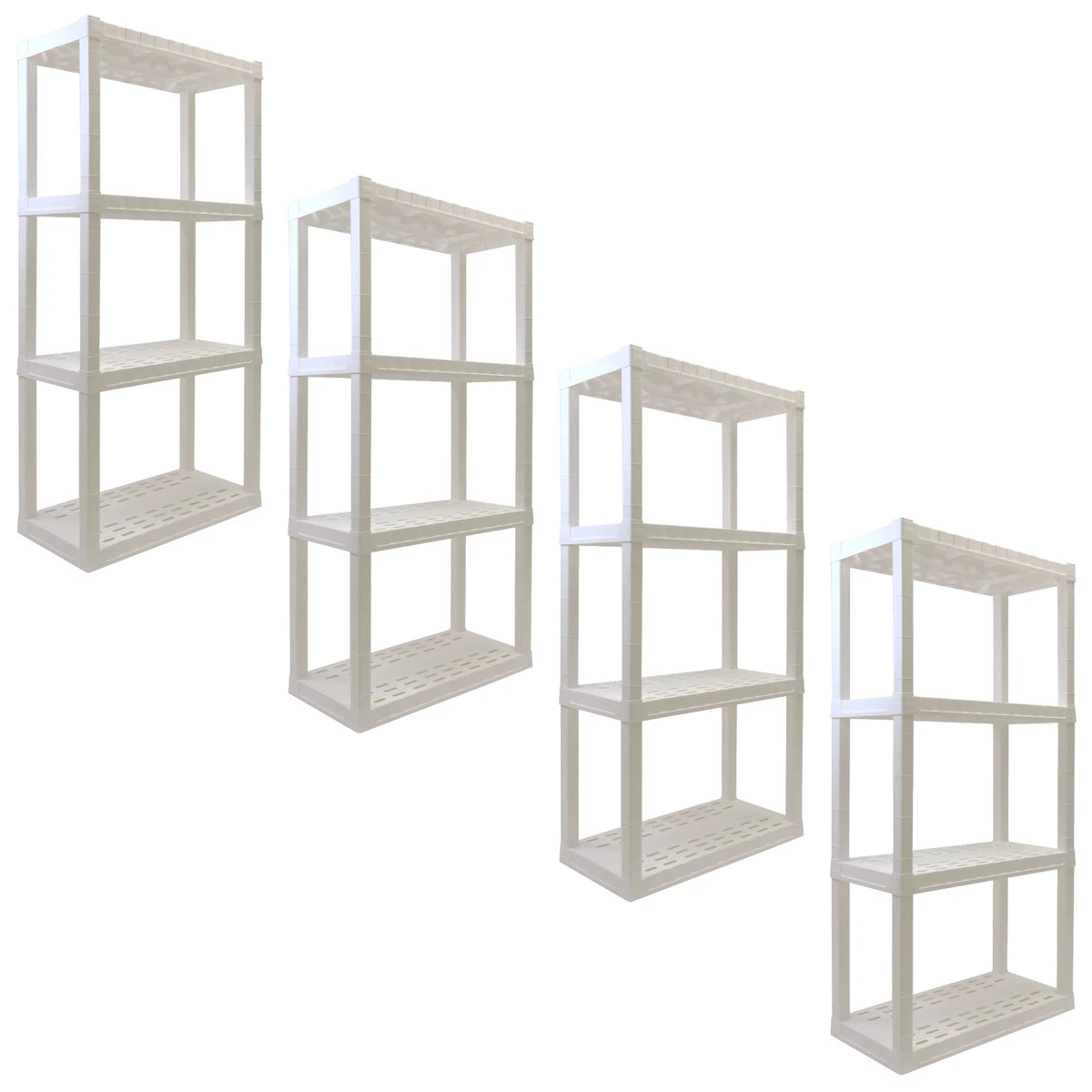 4 Shelf Plastic Garage Shelves, Pack of 4, White 400 lbs Capacity Q835877