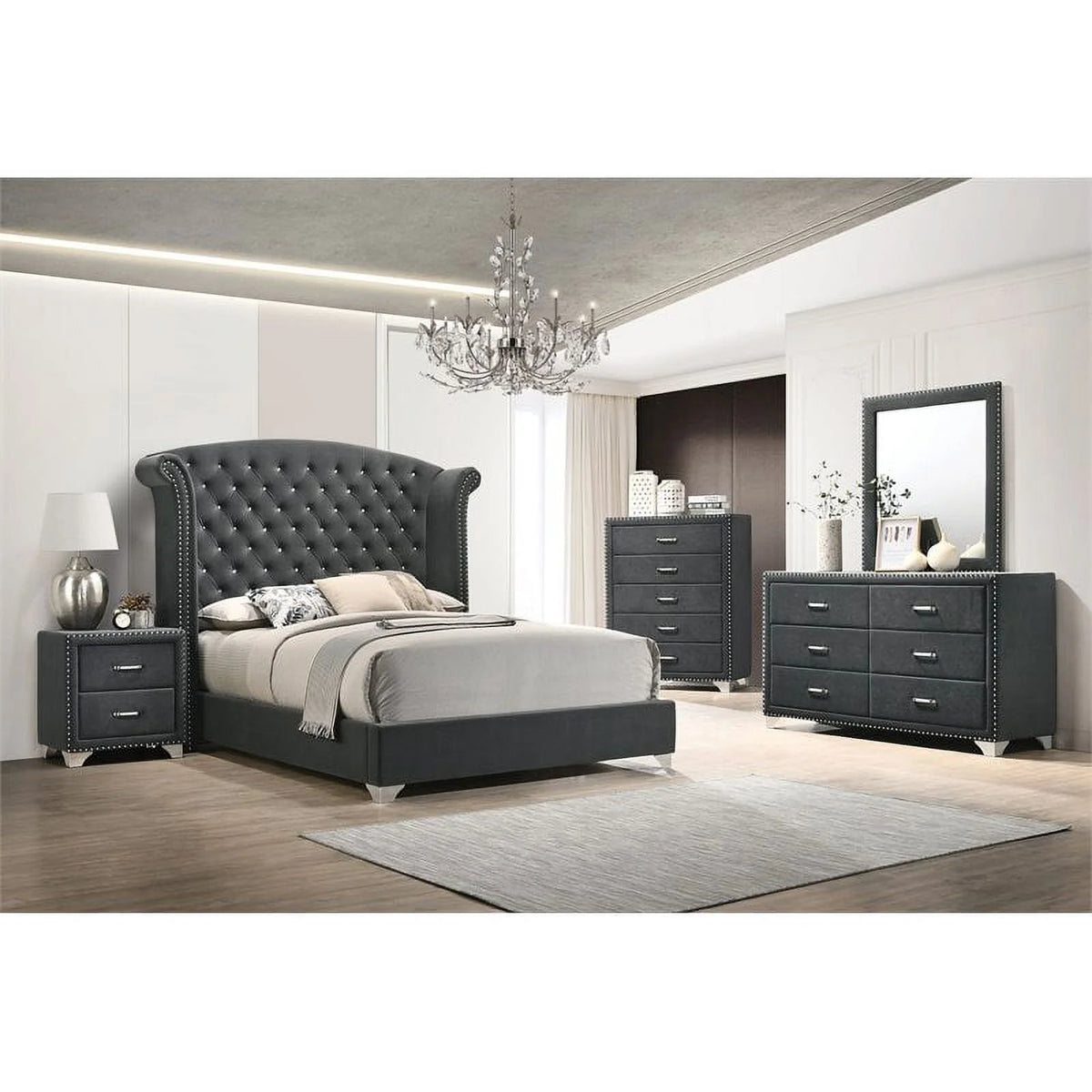 4-piece Queen Tufted Upholstered Bedroom Set Grey Y707