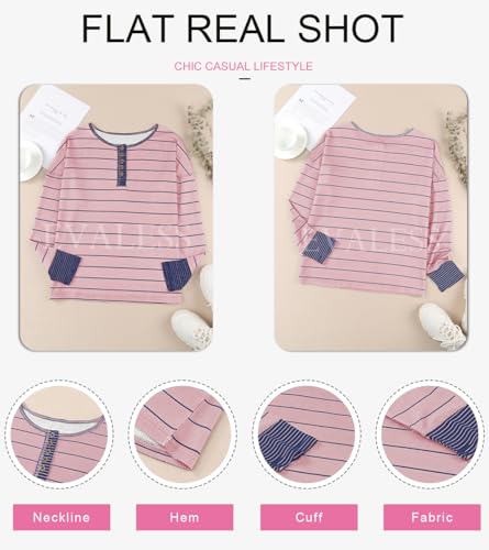 Long Sleeve Striped Button Up Tunic Shirts Loose Fit Henley Tee Blouses P697