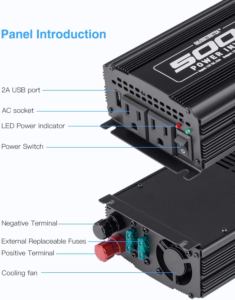 500W Car Power Inverter DC 12V to AC 110V with USB Ports Y33830