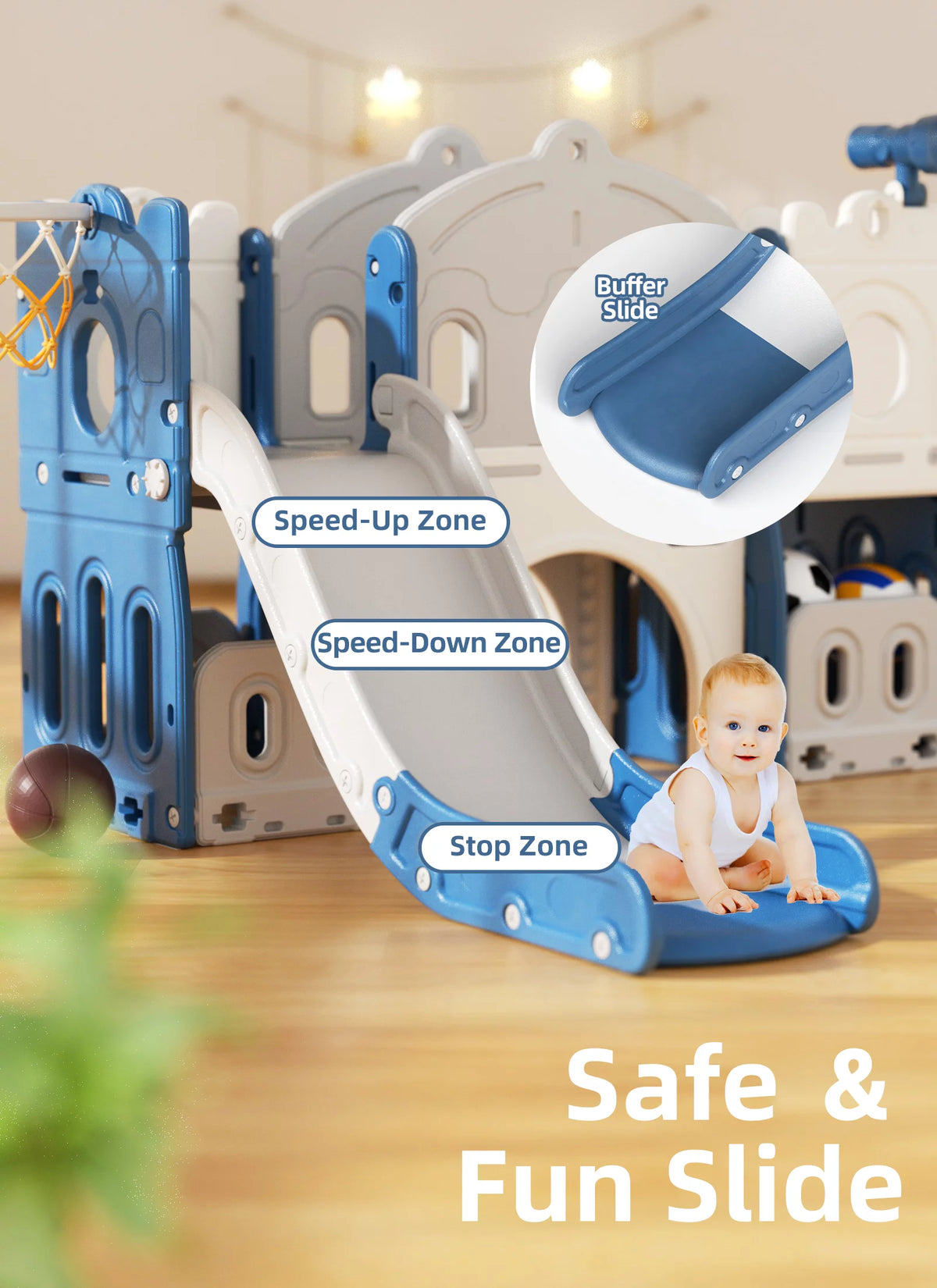 8 in 1 Toddler Slide with Climber, Basketball Hoop, Tunnel and Storage Space Z8013