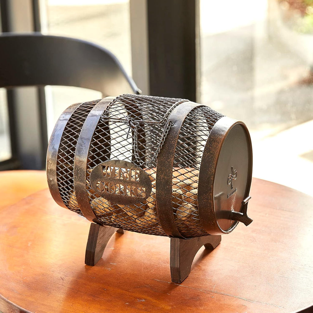 Rustic Metal Large Barrel Wine Cork Holder Display On Wooden Stand N36402