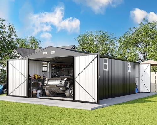 13.2x21x8 FT Outdoor Metal Garage Shed with Double Hinged Doors and 4 Windows Z62079