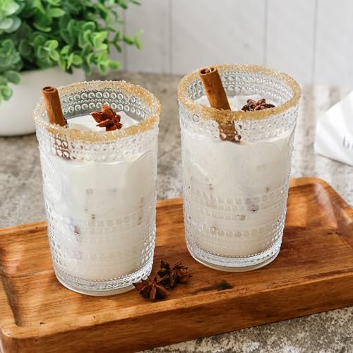 Hobnail Beaded Floral Rose Gold Drinking Glasses Set of 6, 13 oz Glassware Set U32019