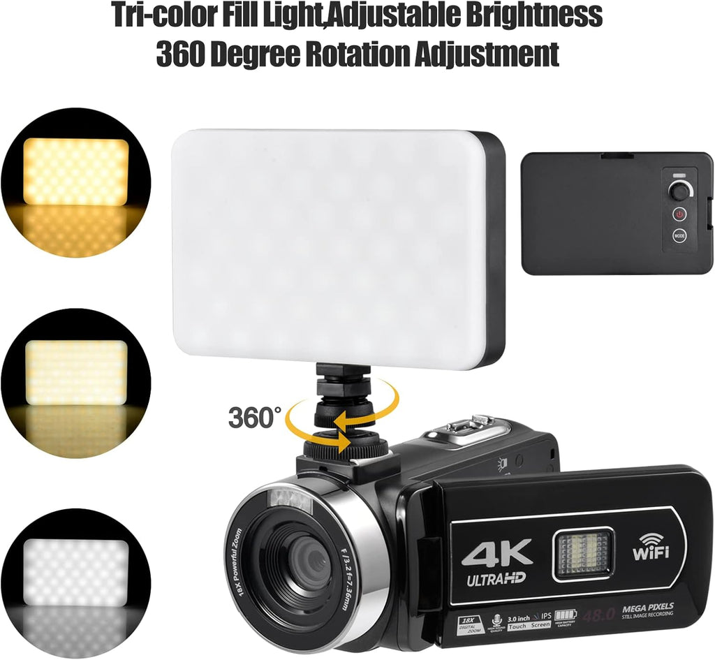 4K 48MP 3.0 Inch IPS Touch Screen Camcorder with Microphone and 2 Batteries (Black) J774